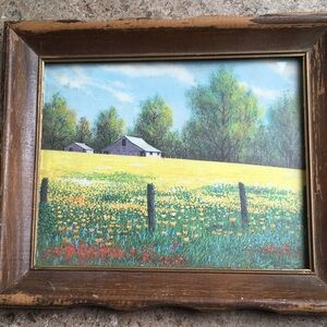 Vintage landscape of barn and meadow.  Carved wood frame.